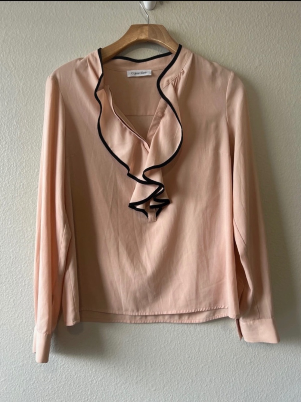 Calvin Klein Blush/Light Pink long sleeve blouse with ruffles on neck line, size